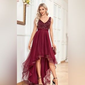 Burgundy Red sequined high low gown for Mardis Gras, Prom, Ball Gown